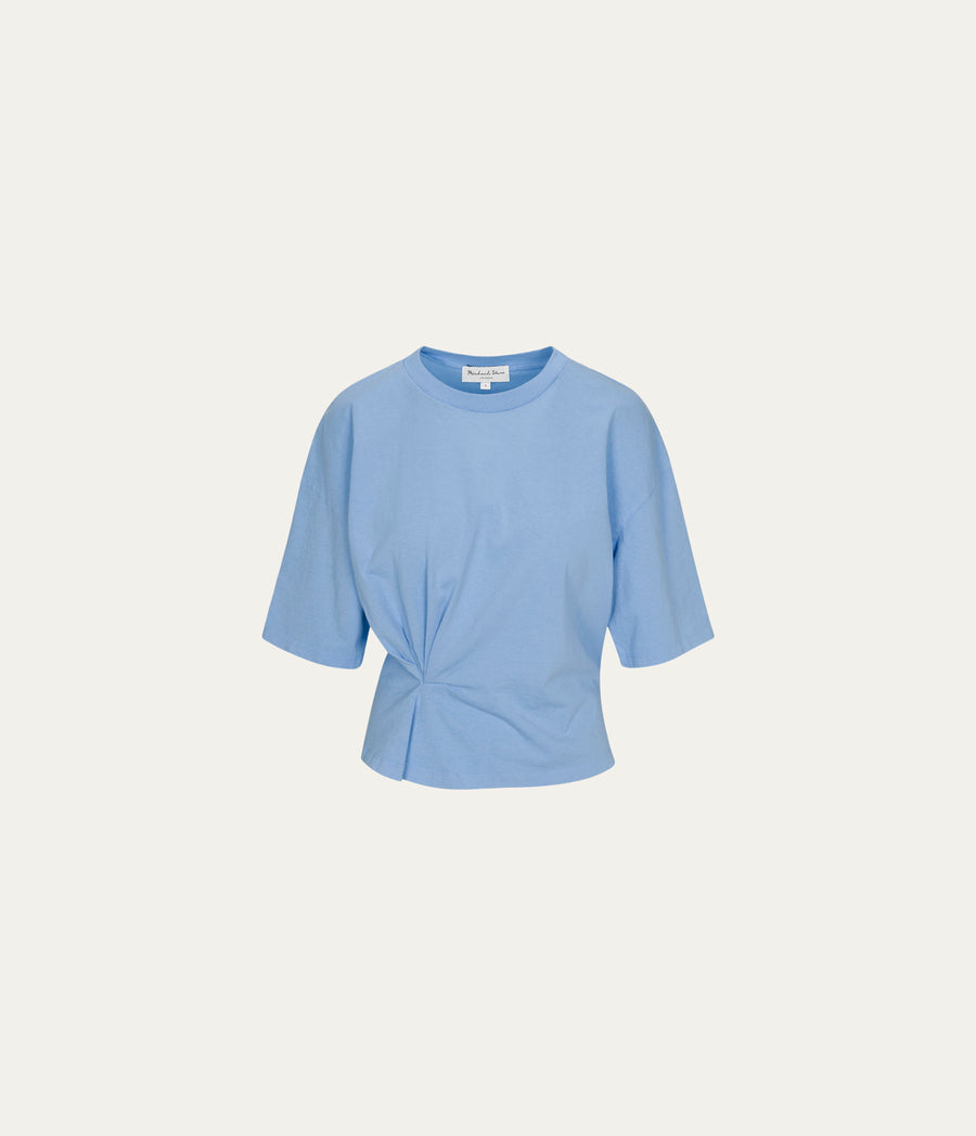 Zinnia Asymmetric Crewneck Tee in SKY Blue Close up View #SKY
