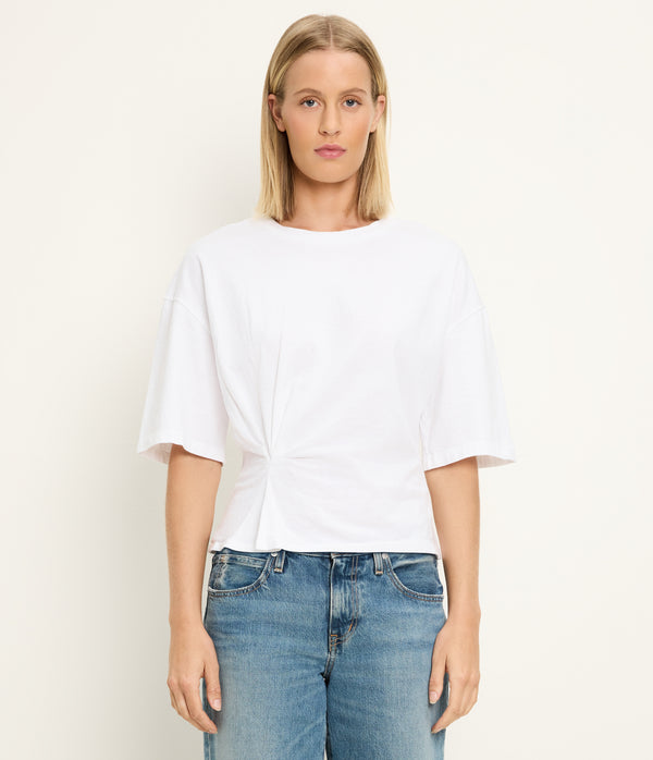 Zinnia Asymmetric Crewneck Tee in White Full Body View #WHITE
