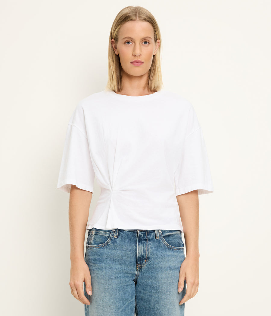 Zinnia Asymmetric Crewneck Tee in White Full Body View #WHITE