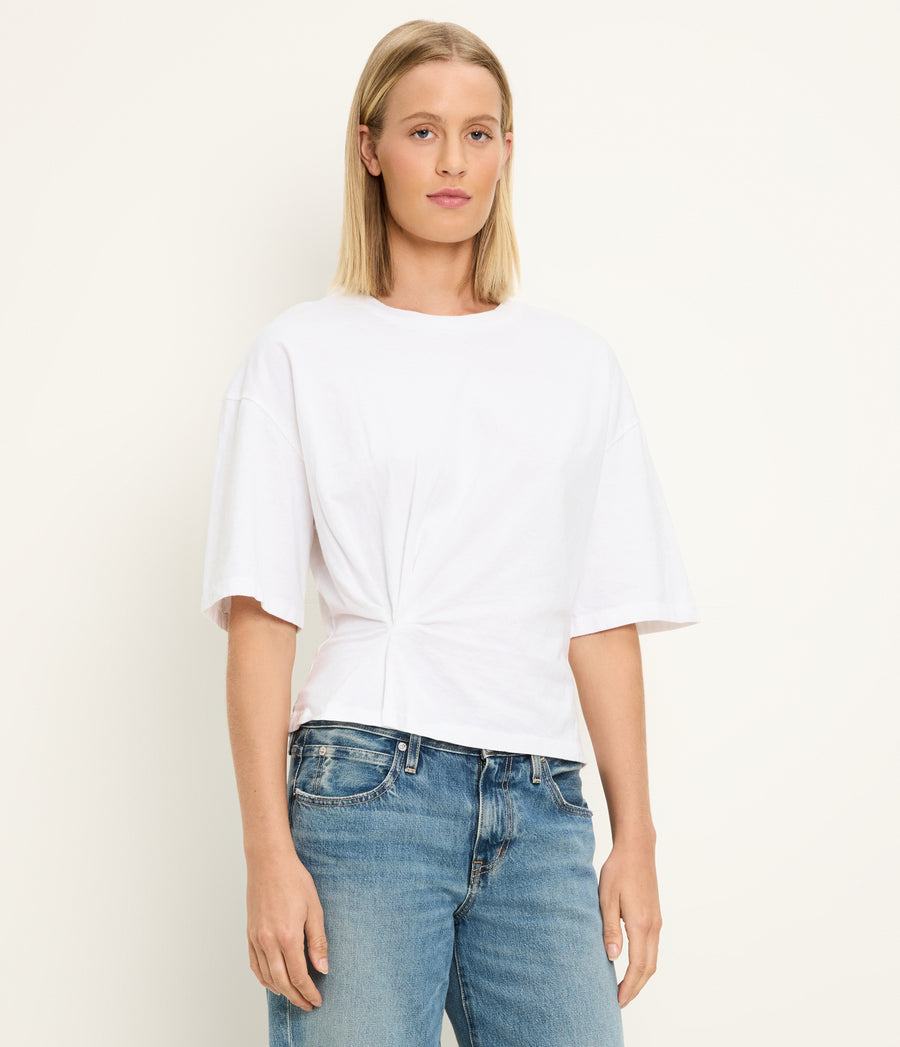 Zinnia Asymmetric Crewneck Tee in White Side View #WHITE