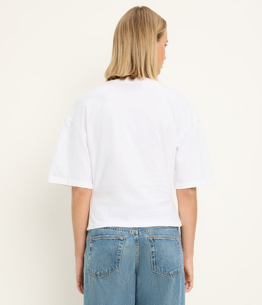 Zinnia Asymmetric Crewneck Tee in White Back View  #WHITE