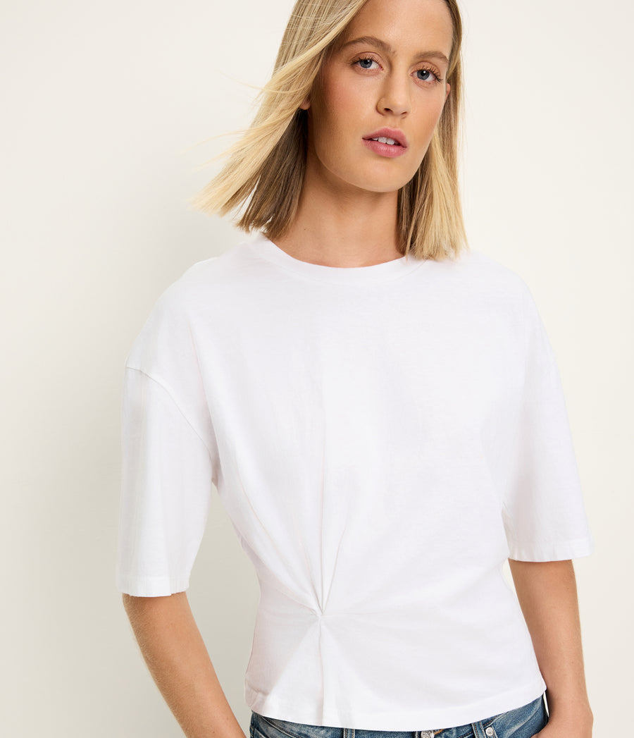 Zinnia Asymmetric Crewneck Tee in White Close up View #WHITE