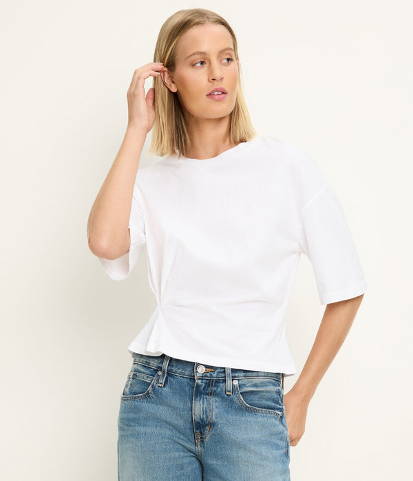 Zinnia Asymmetric Crewneck Tee in White Full Body View #WHITE
