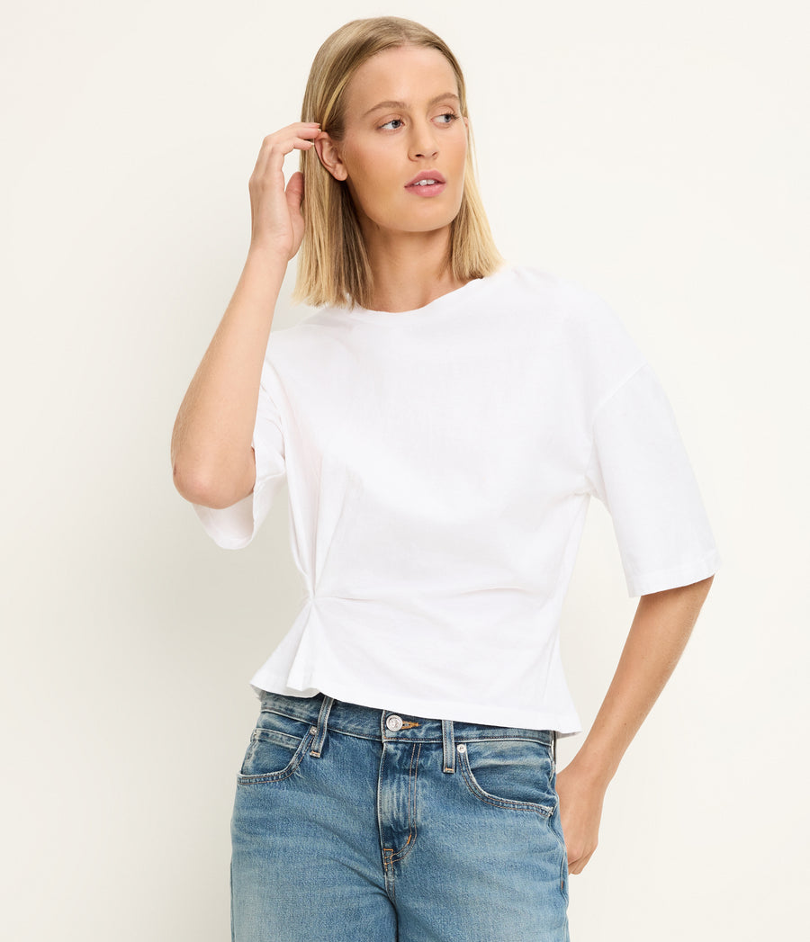 Zinnia Asymmetric Crewneck Tee in White Full Body View #WHITE