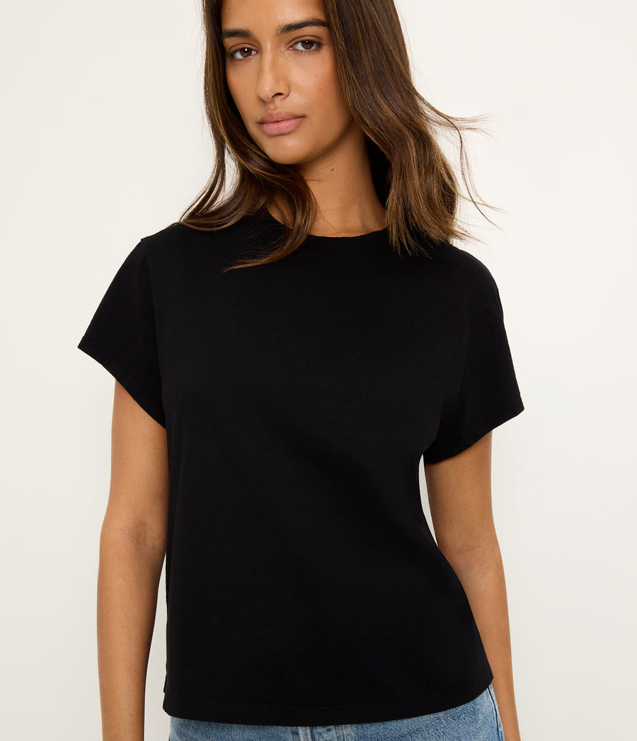 Solene Crewneck Tee in Black Close up View #BLACK