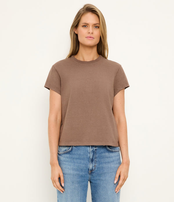 Solene Crewneck Tee in QUICKSAND Brown Full Body View #QUICKSAND