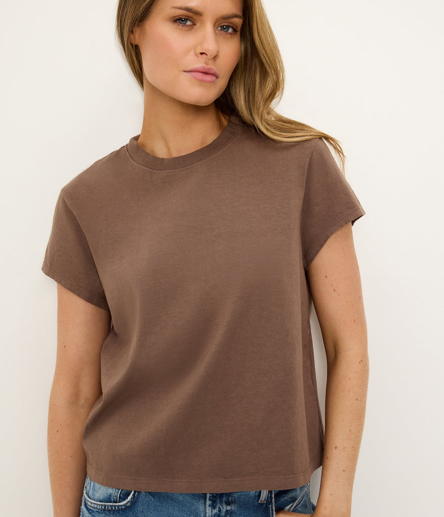 Solene Crewneck Tee in QUICKSAND Brown Close up View #QUICKSAND
