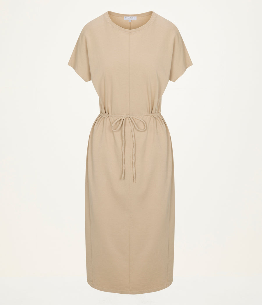 Evangeline Midi Dress in  MACADAMIA Beige Close up View #MACADAMIA