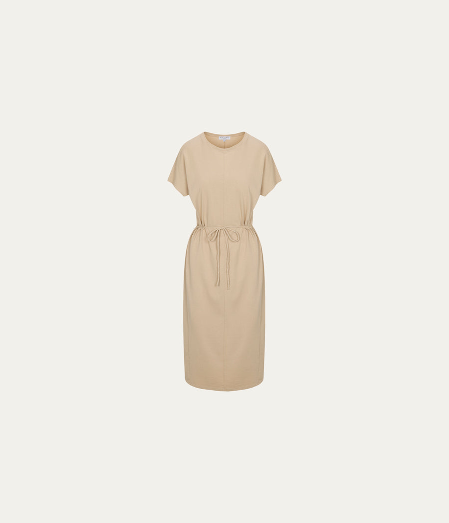 Evangeline Midi Dress in  MACADAMIA Beige Close up View #MACADAMIA