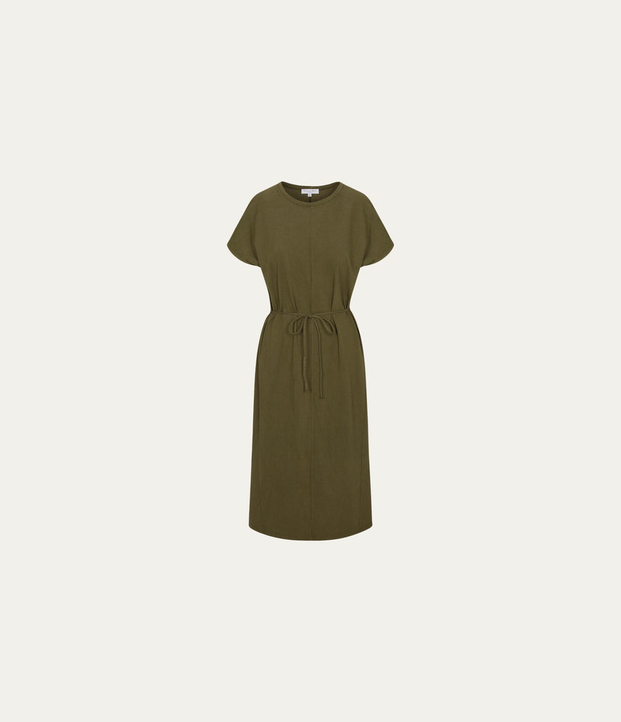Evangeline Midi Dress  in TOPIARY GREEN  Close up View #TOPIARY