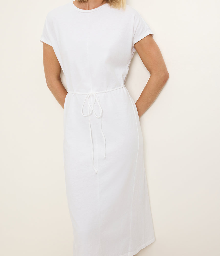 Evangeline Midi Dress in White Close up View #WHITE