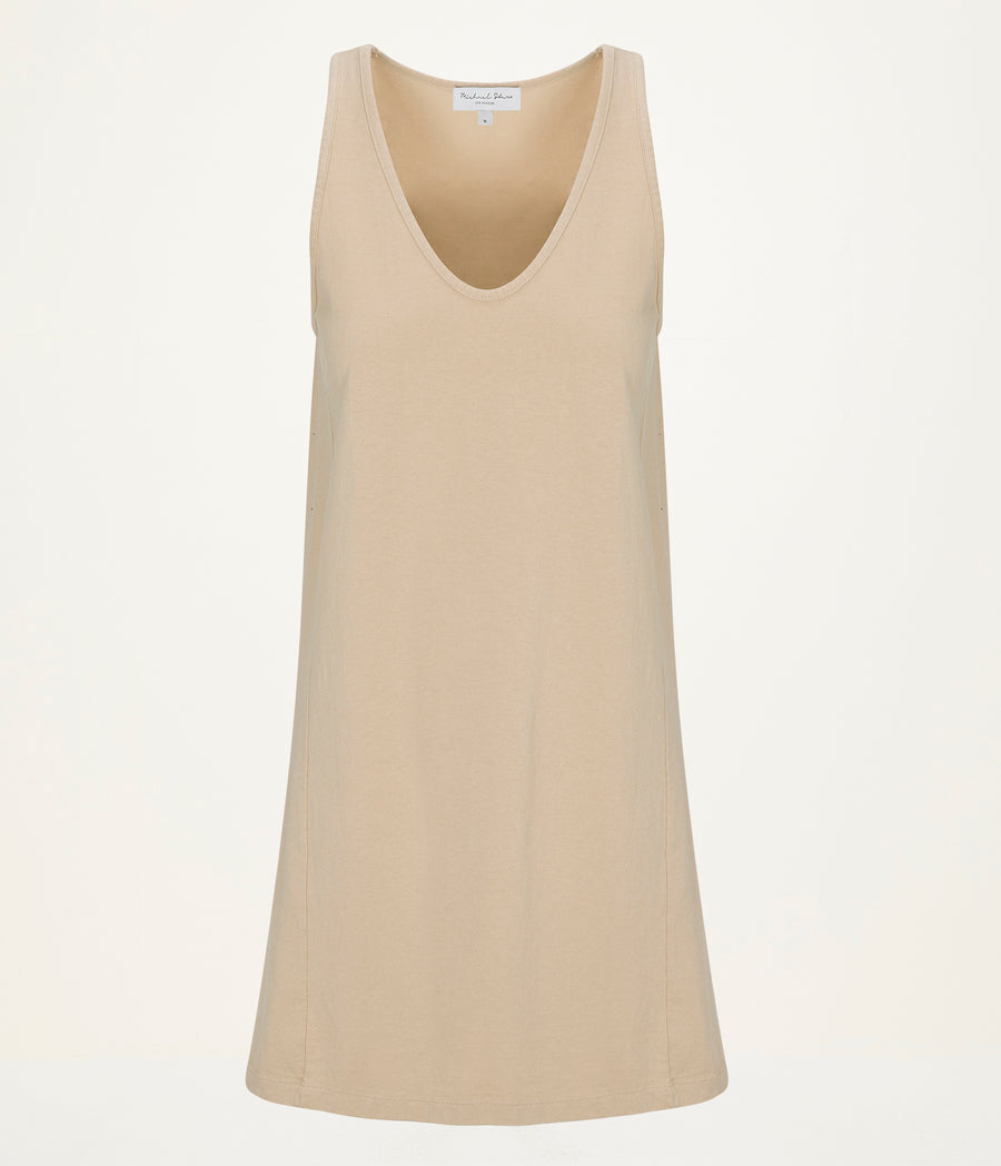 Camilla Scoop Neck Dress in  MACADAMIA Beige Close up View #MACADAMIA