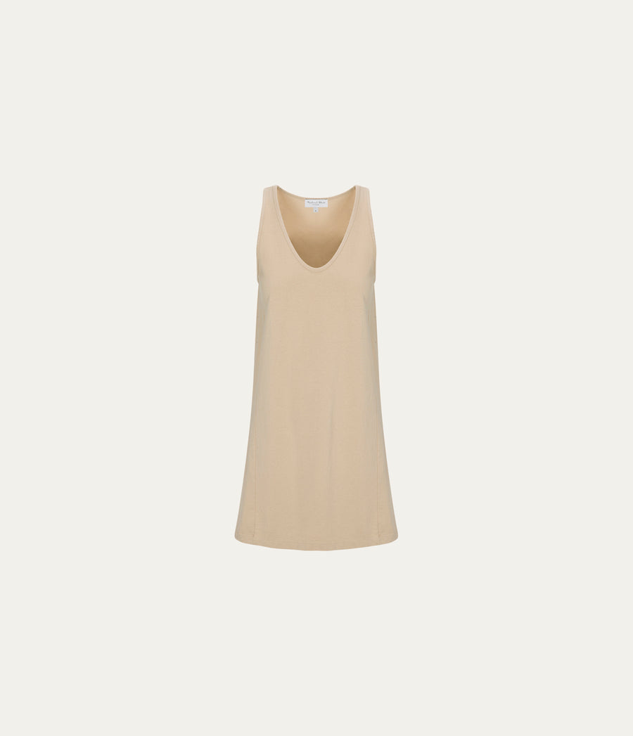 Camilla Scoop Neck Dress in  MACADAMIA Beige Close up View #MACADAMIA