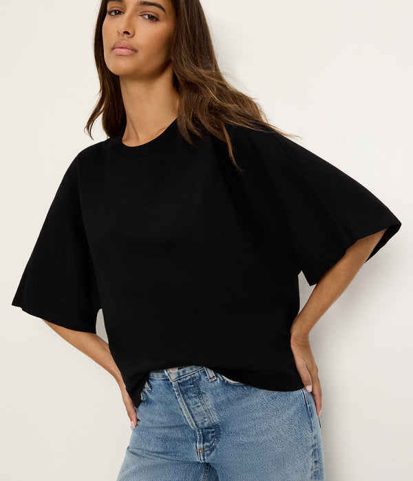 Callista Cape Sleeve Tee in Black Close up View #BLACK