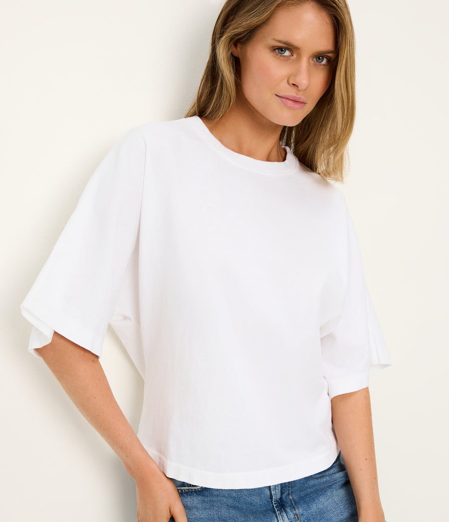 Callista Cape Sleeve Tee in White Close up View #WHITE