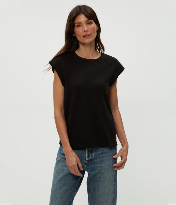 Joey Power Shoulder Tee in Black  Close Up View #BLACK