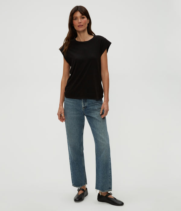 Joey Power Shoulder Tee in Black  Full Body View #BLACK