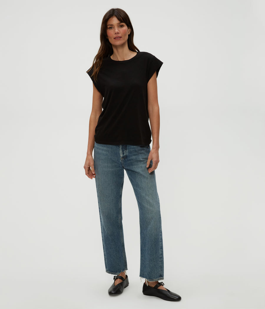 Joey Power Shoulder Tee in Black  Full Body View #BLACK