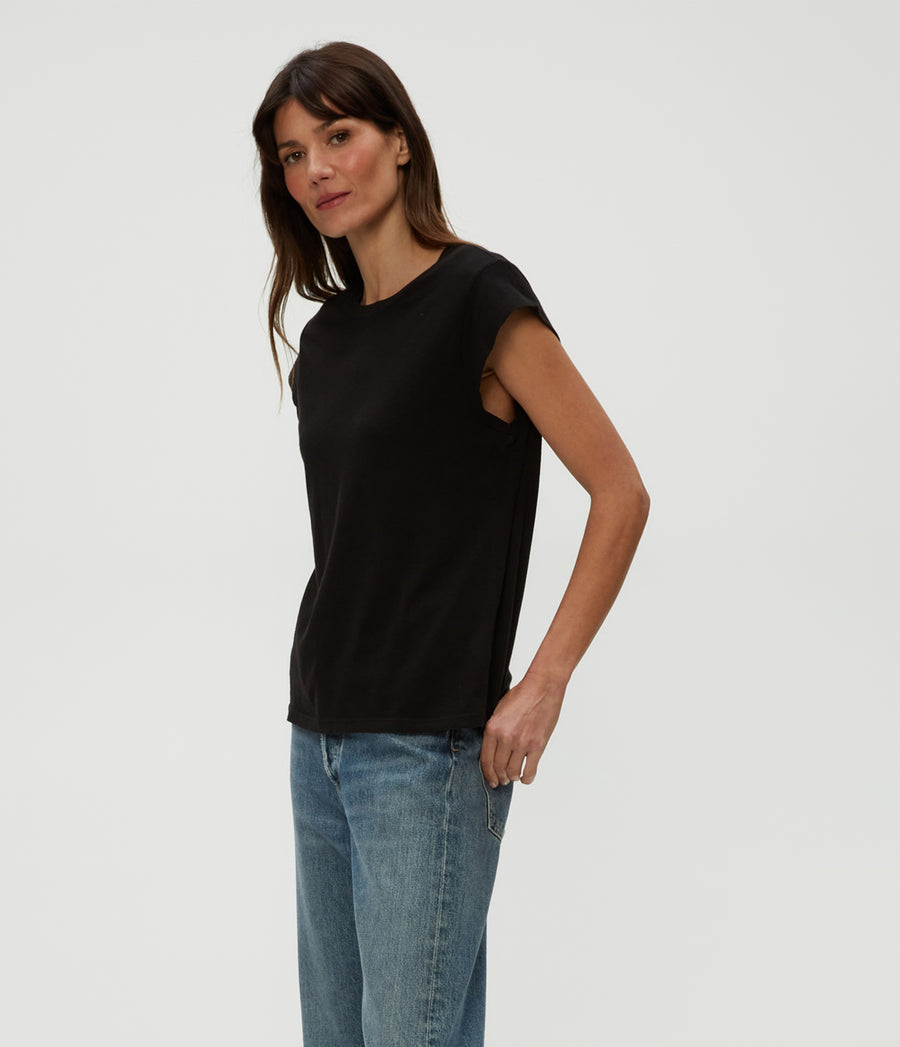 Joey Power Shoulder Tee in Black  Side View #BLACK