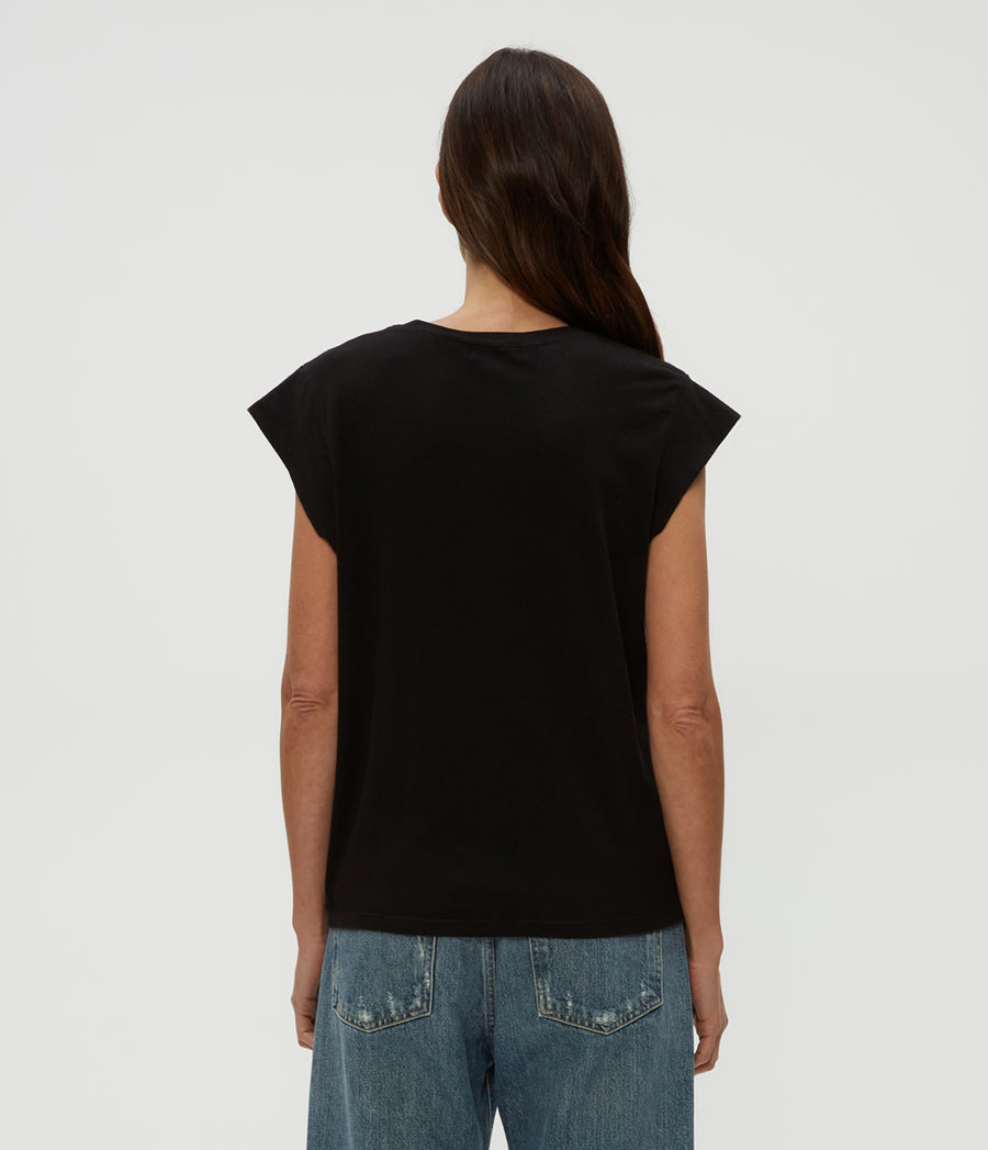 Joey Power Shoulder Tee in Black  Back View #BLACK