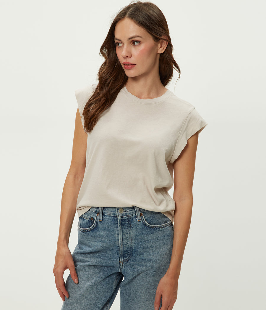 Joey Power Shoulder Tee in Cement Beige Front View #CEMENT
