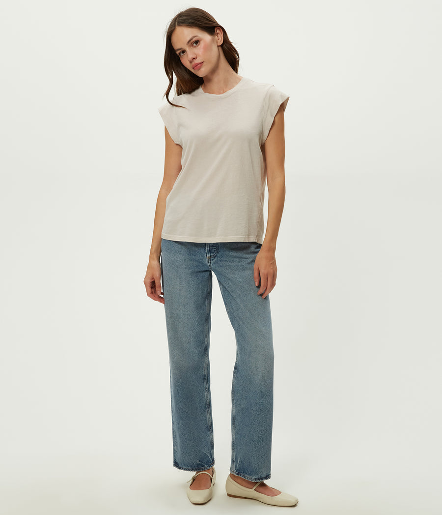 Joey Power Shoulder Tee in Cement Beige Close Up View #CEMENT