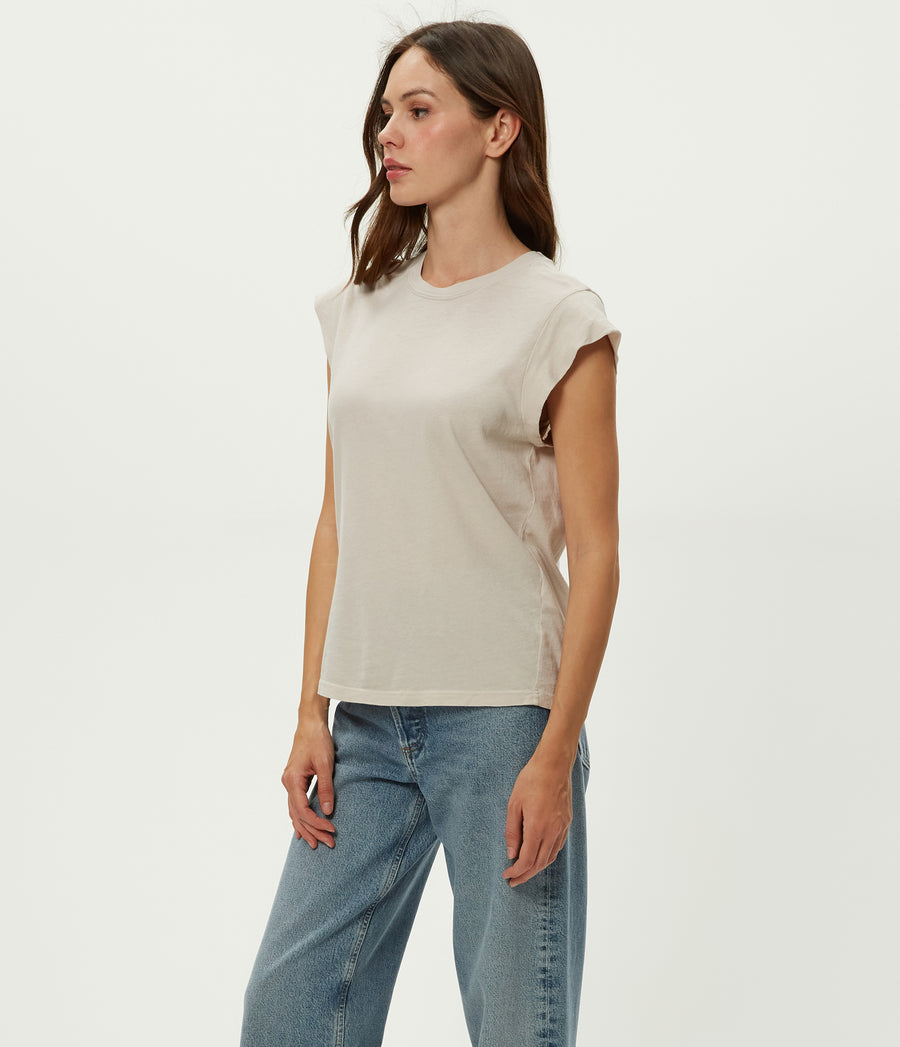 Joey Power Shoulder Tee in Cement Beige Side View #CEMENT