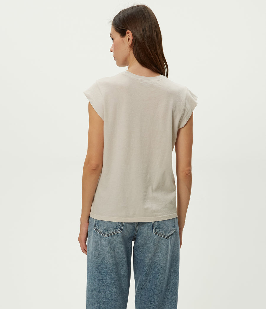 Joey Power Shoulder Tee in Cement Beige Back View #CEMENT
