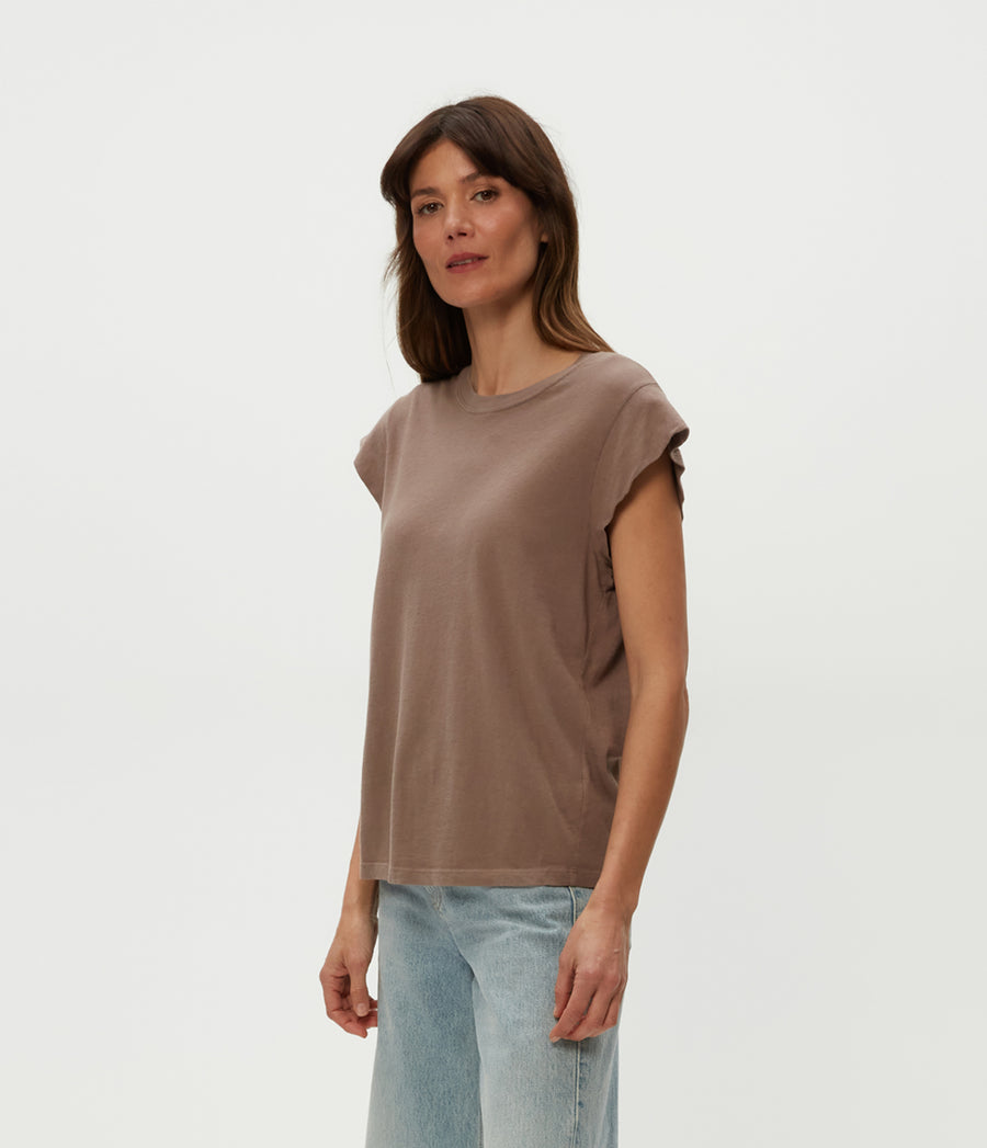 Joey Power Shoulder Tee in Cobblestone  Side View #COBBLESTONE