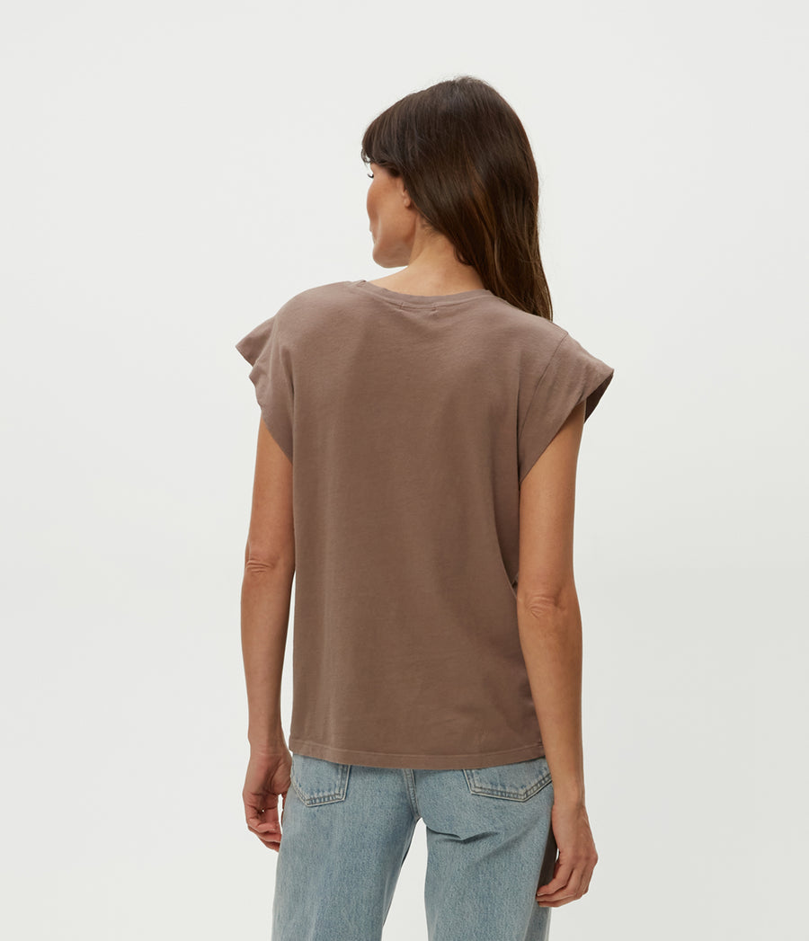 Joey Power Shoulder Tee in Cobblestone  Back View #COBBLESTONE
