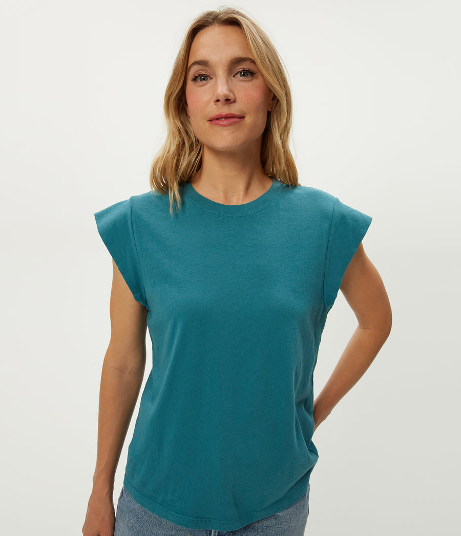 Joey Power Shoulder Tee in GLAZE Blue Close Up View #GLAZE