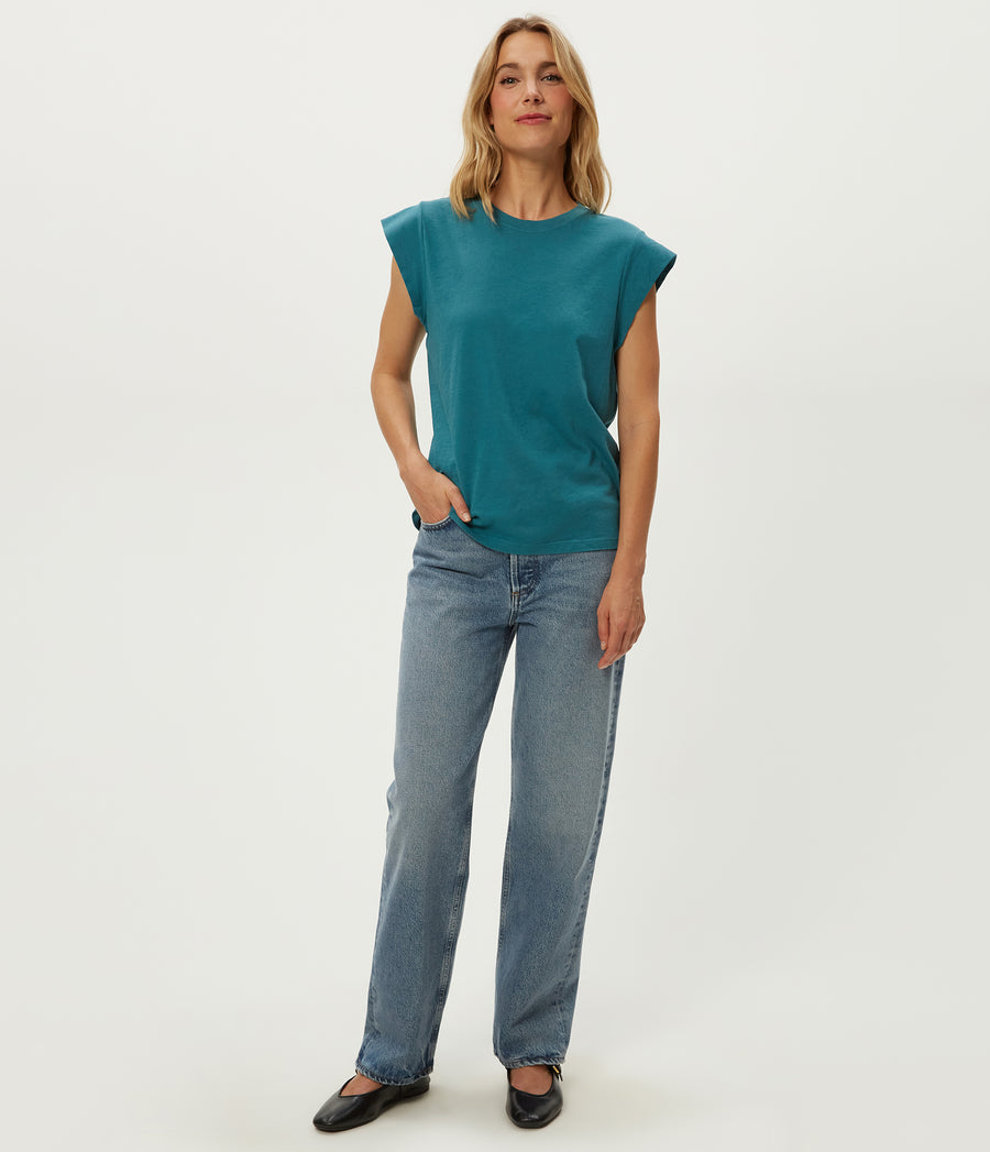 Joey Power Shoulder Tee in GLAZE Blue Full Body View #GLAZE