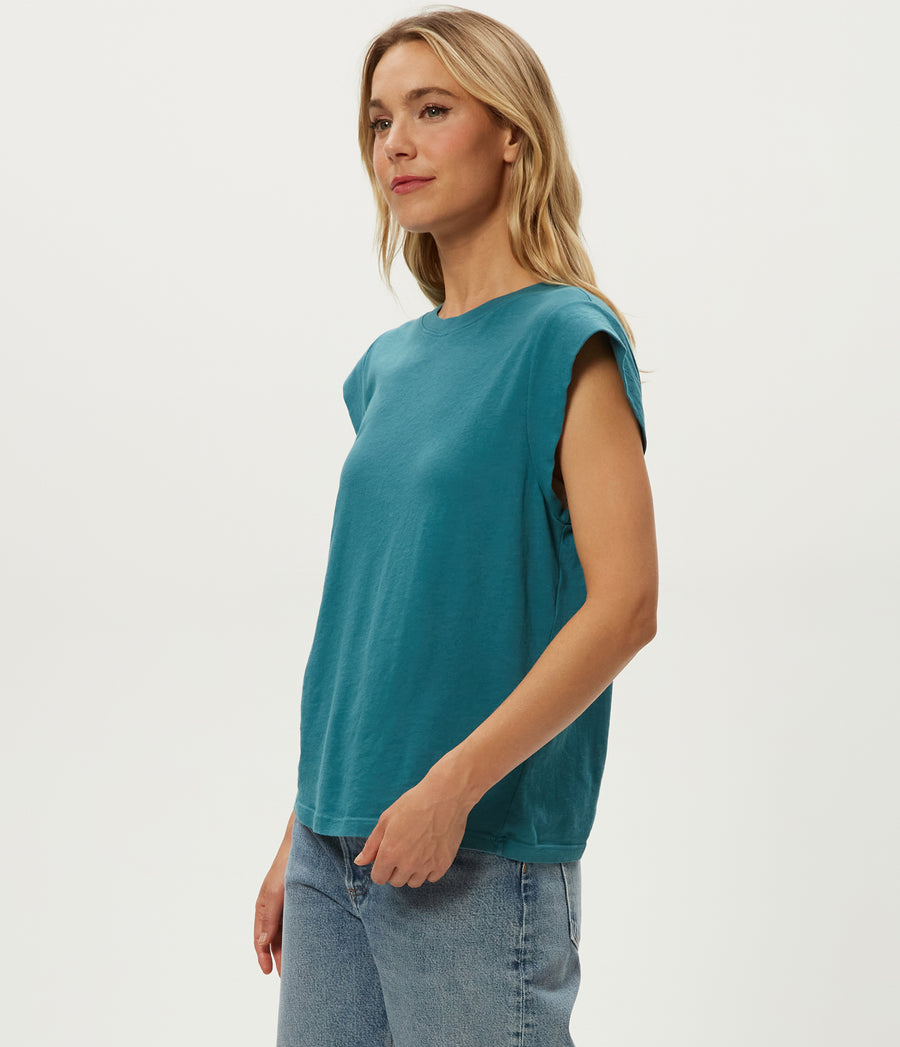 Joey Power Shoulder Tee in GLAZE Blue Side View #GLAZE