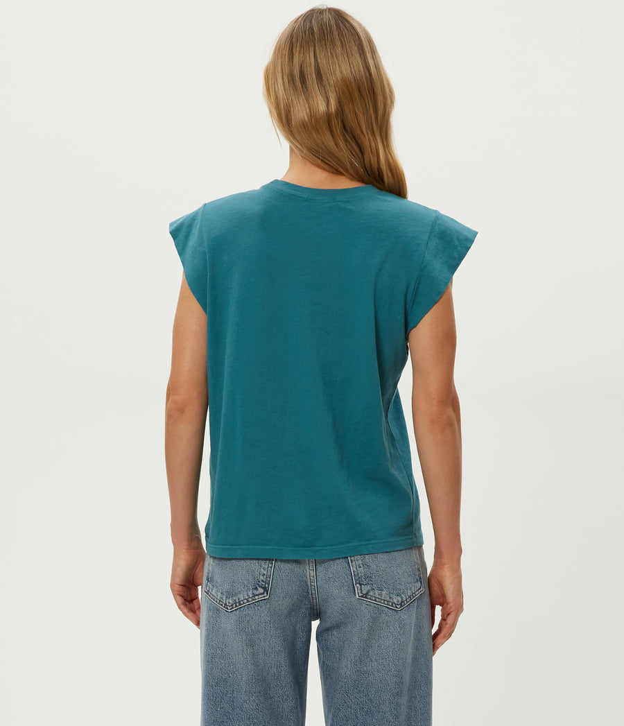 Joey Power Shoulder Tee in GLAZE Blue Back View #GLAZE