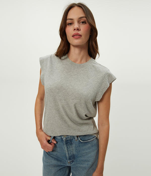 Joey Power Shoulder Tee in Heather Grey Close Up View #HEATHER GREY