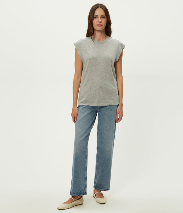 Joey Power Shoulder Tee in Heather Grey Full Body View #HEATHER GREY