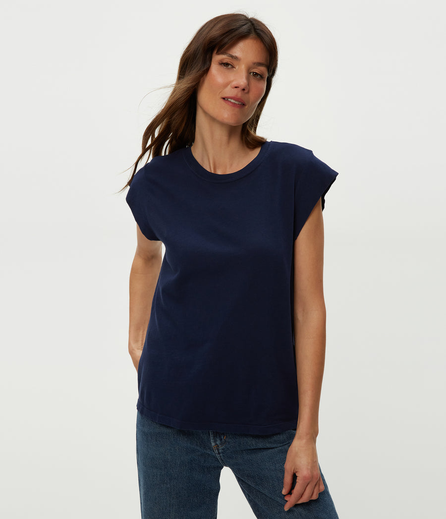 Joey Power Shoulder Tee in Nocturnal Blue Close Up View #NOCTURNAL
