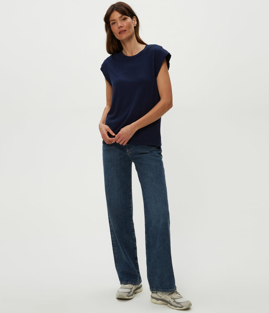Joey Power Shoulder Tee in Nocturnal Blue Full Body View #NOCTURNAL