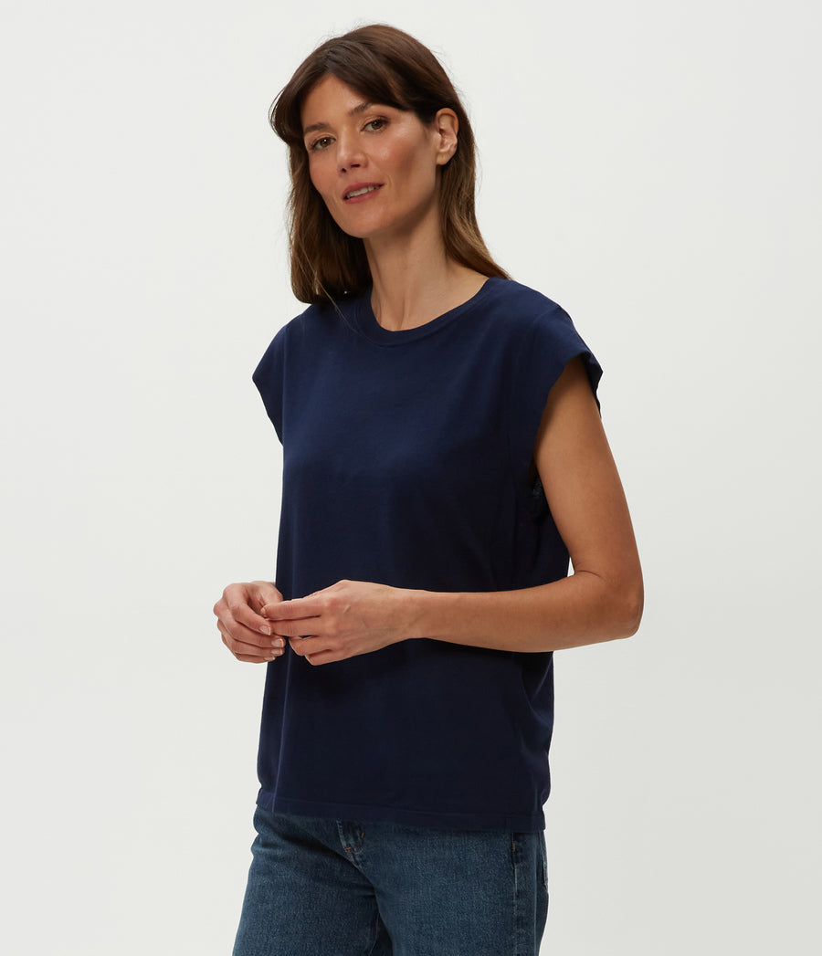 Joey Power Shoulder Tee in Nocturnal Blue Side View #NOCTURNAL