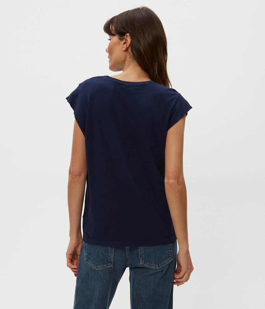 Joey Power Shoulder Tee in Nocturnal Blue Back View #NOCTURNAL