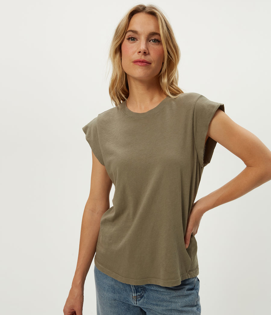 Joey Power Shoulder Tee in Olive Green Close up View #OLIVE