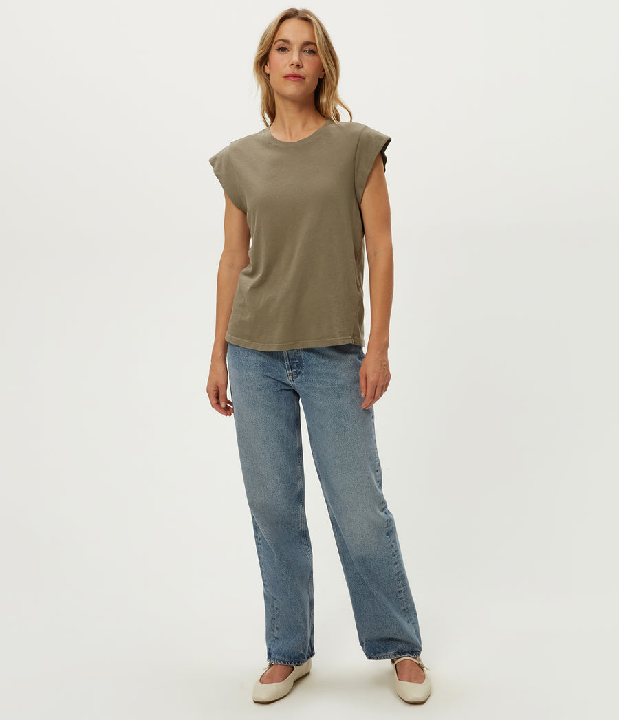 Joey Power Shoulder Tee in Olive Green Full Body View #OLIVE