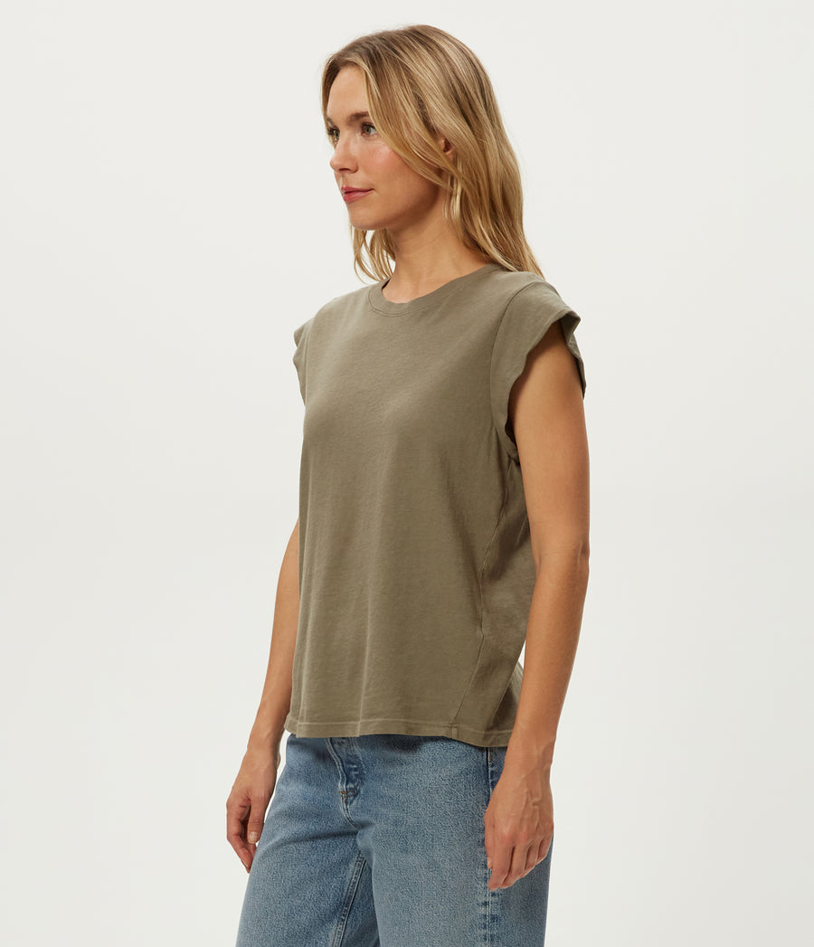 Joey Power Shoulder Tee in Olive Green Side View #OLIVE