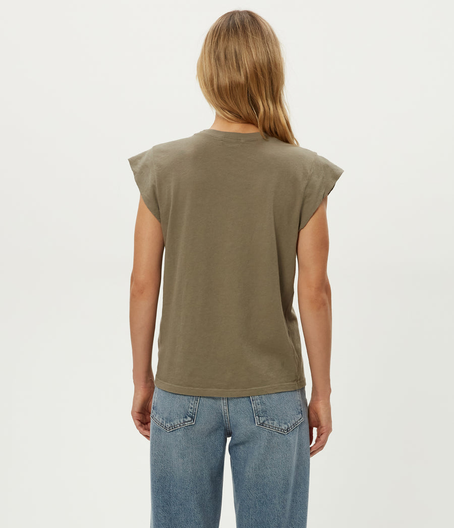 Joey Power Shoulder Tee in Olive Green Back View #OLIVE