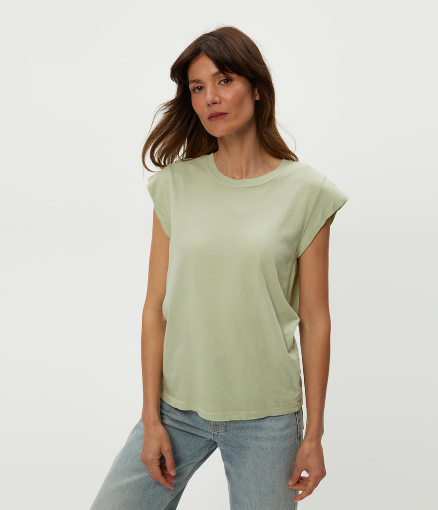 Joey Power Shoulder Tee in Seacrest Green Close Up View #SEACREST