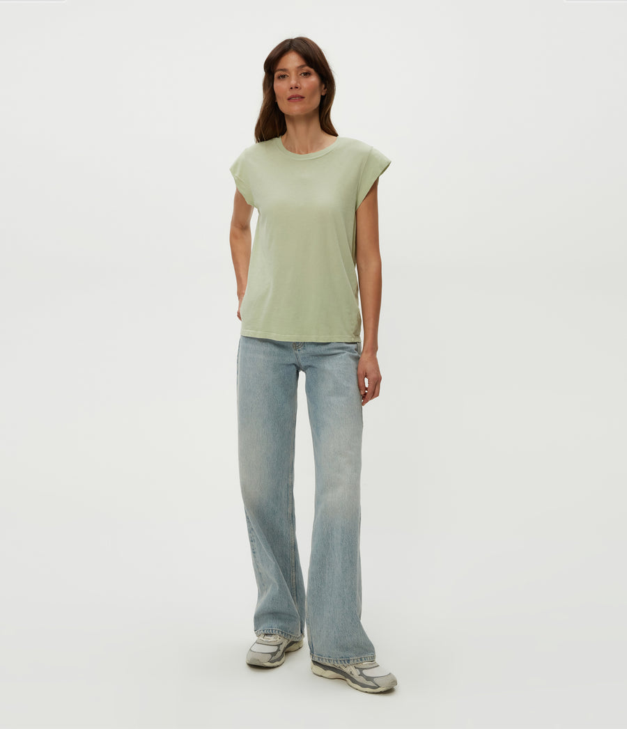 Joey Power Shoulder Tee in Seacrest Green Full Body View #SEACREST