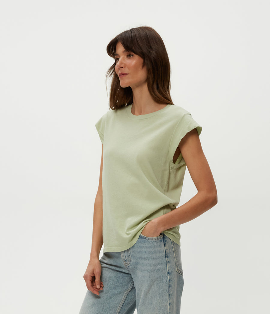 Joey Power Shoulder Tee in Seacrest Green Side View #SEACREST