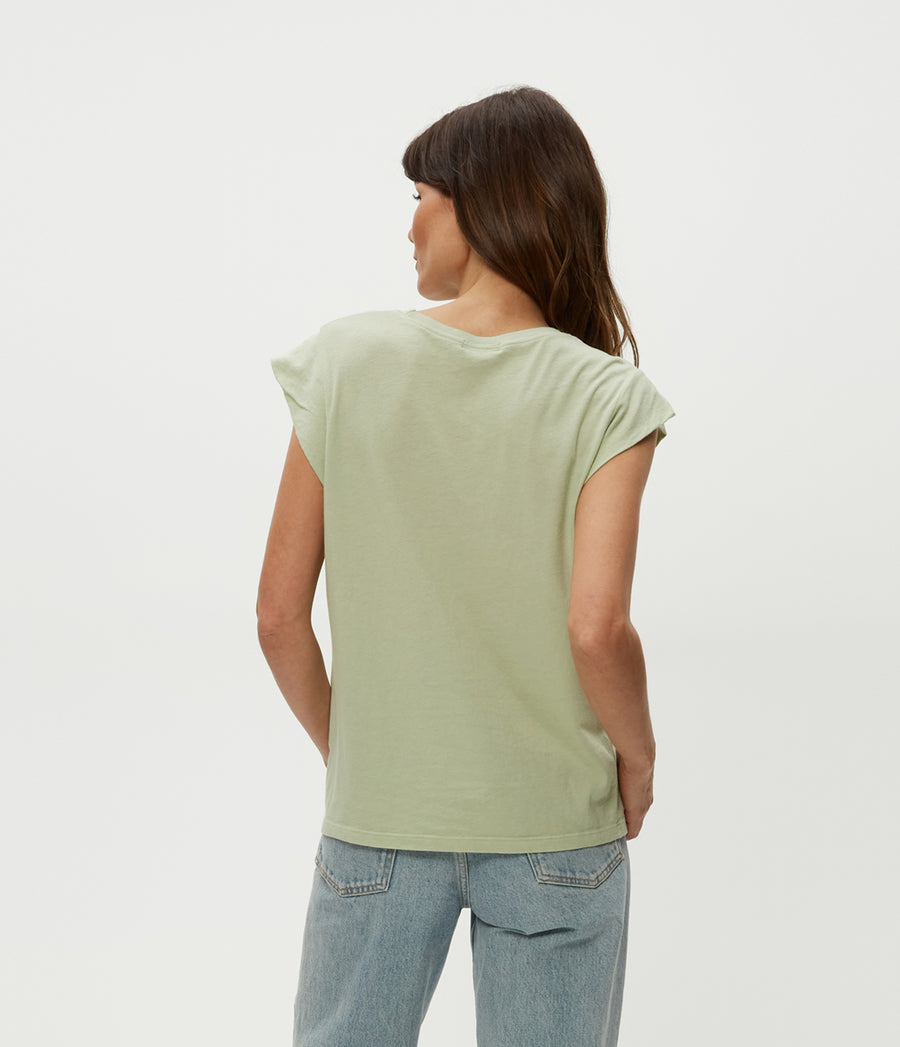 Joey Power Shoulder Tee in Seacrest Green Back View #SEACREST