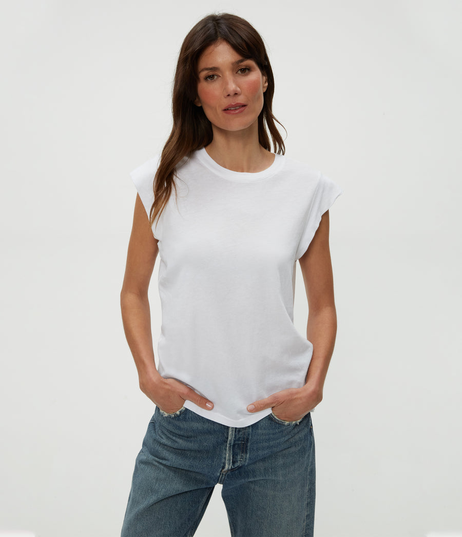 Joey Power Shoulder Tee in White  Close Up View #WHITE