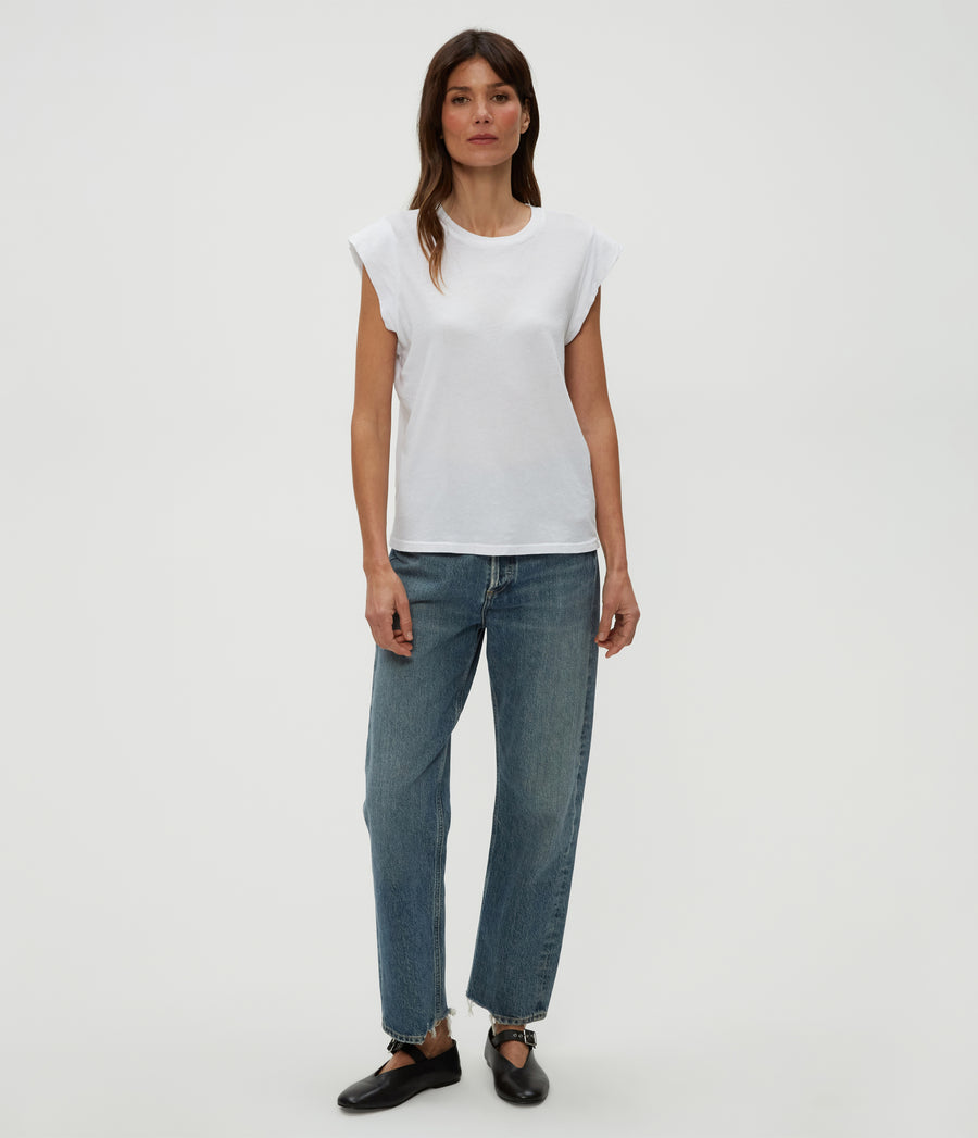 Joey Power Shoulder Tee in White  Full Body View #WHITE